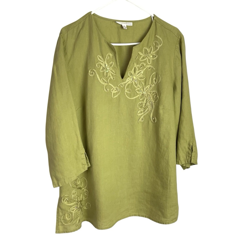 JM Collection Woman 100% Linen Tunic Top Size 16W Pear Green Beaded 3/4 Sleeve